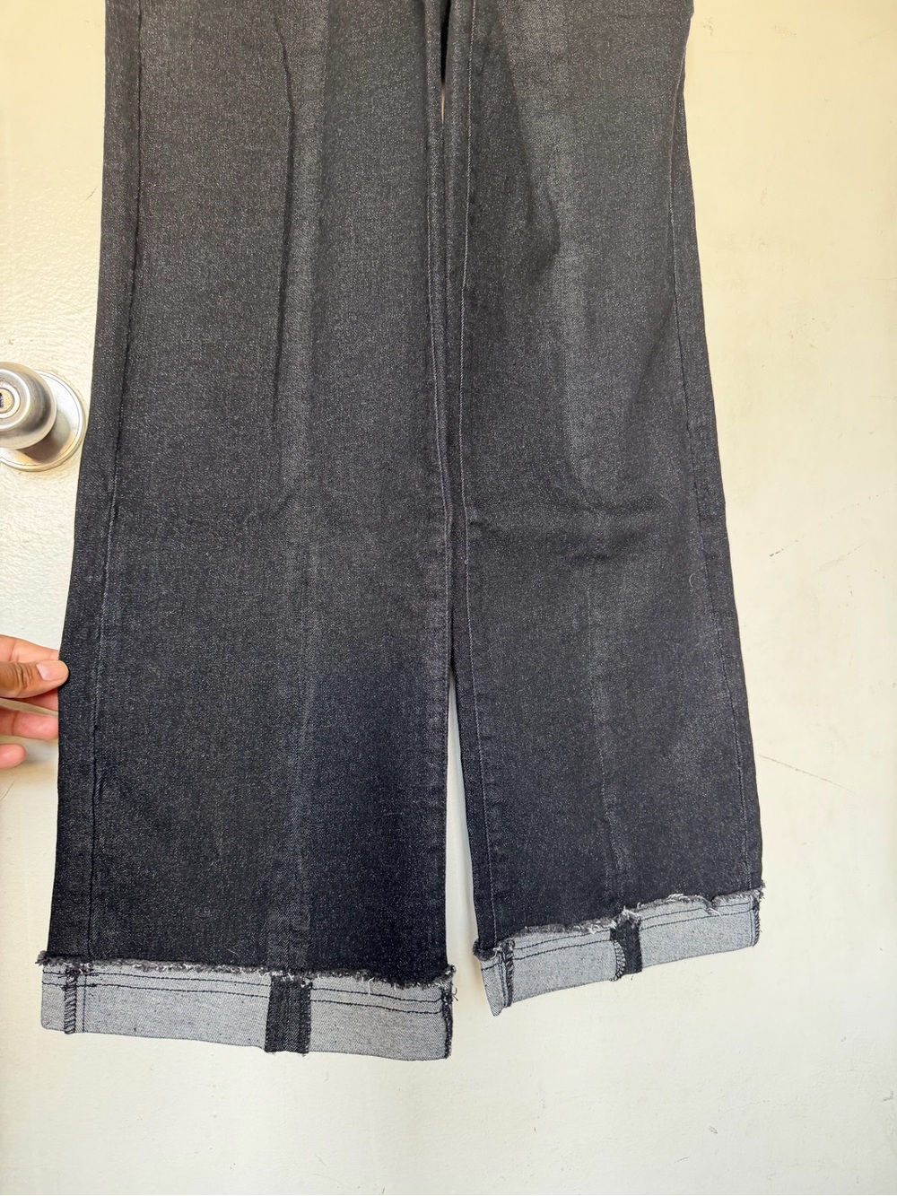XS Dark Wash Cropped Wide Leg Denim Overalls Raw Hem Stretch Jumpsuit - Picture 5 of 10